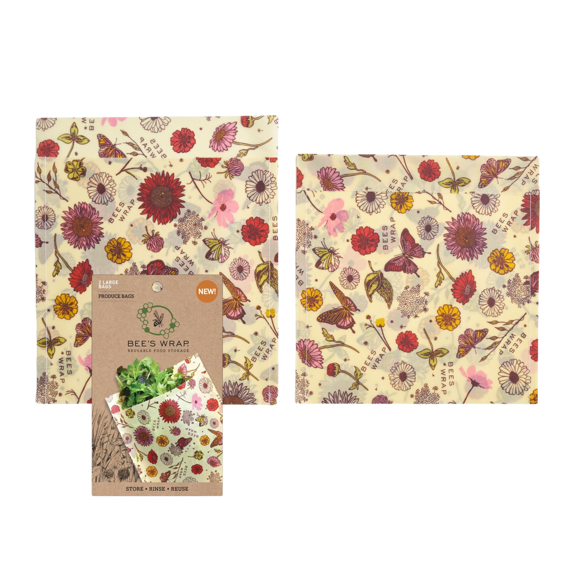 Bee's Wrap® Kasvipohjaiset kestopussit, iso, 2 kpl, Meadow Magic