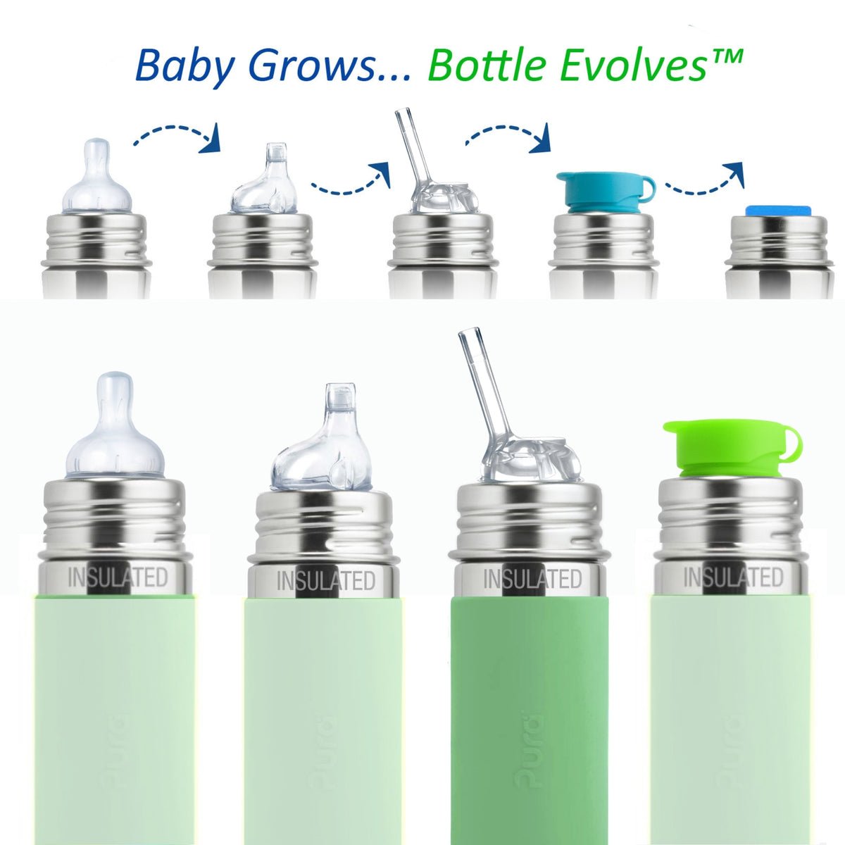 Pura Kiki Bottiglia termica con cannuccia Kiddo 260 ml / moss
