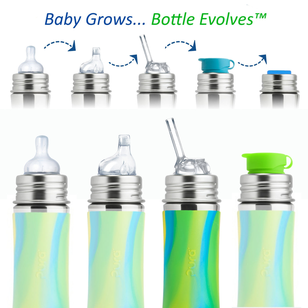 Pura Kiki Botella con pajita Kiddo 325 ml / aqua swirl