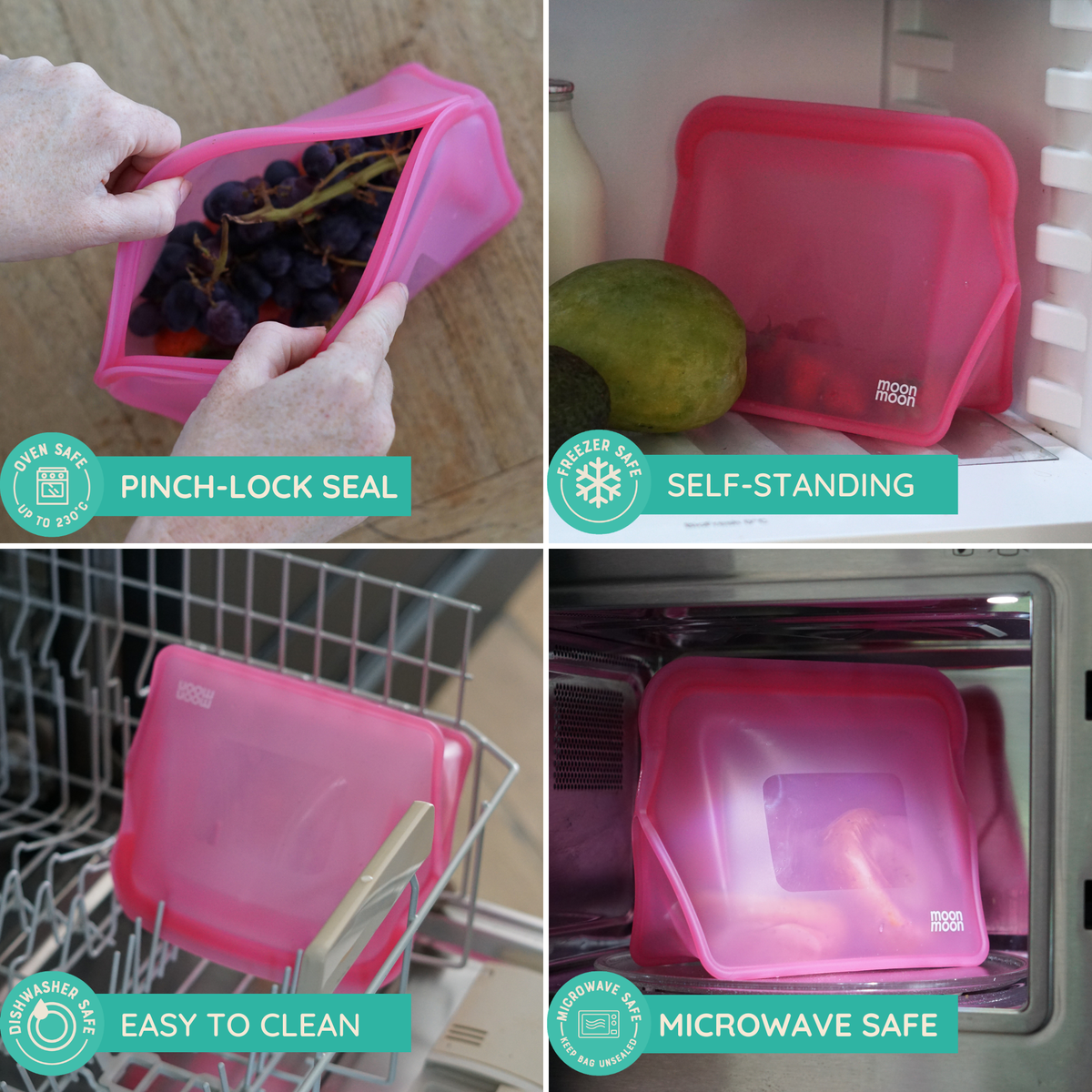 Moonmoon® Silikoniset säilytyspussit, XL Itsenään seisova Stand-Up-malli, 1500 ml, 2 kpl, Pink