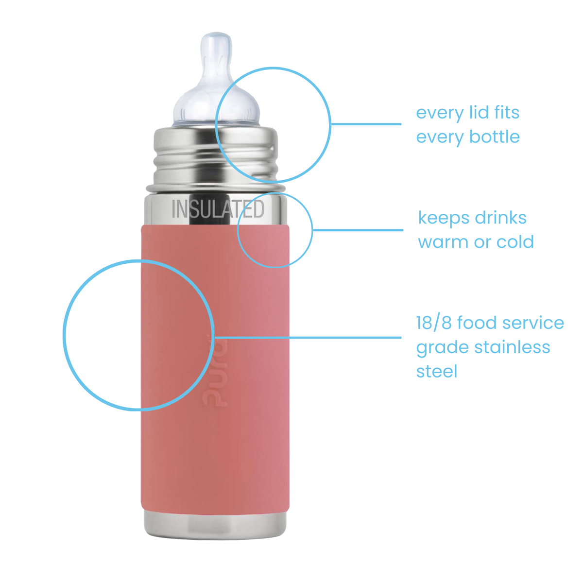 Pura Kiki termo maitinimo buteliukas 260 ml / rose