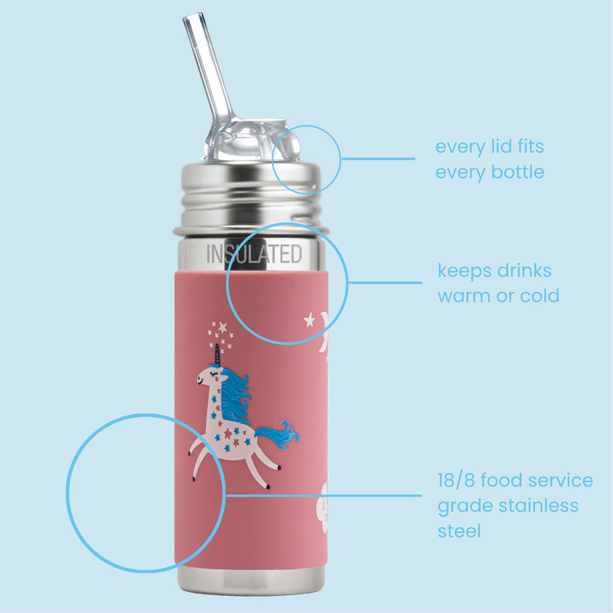 Pura Kiki Termo gertuvė su šiaudeliu Kiddo 260 ml / unicorn